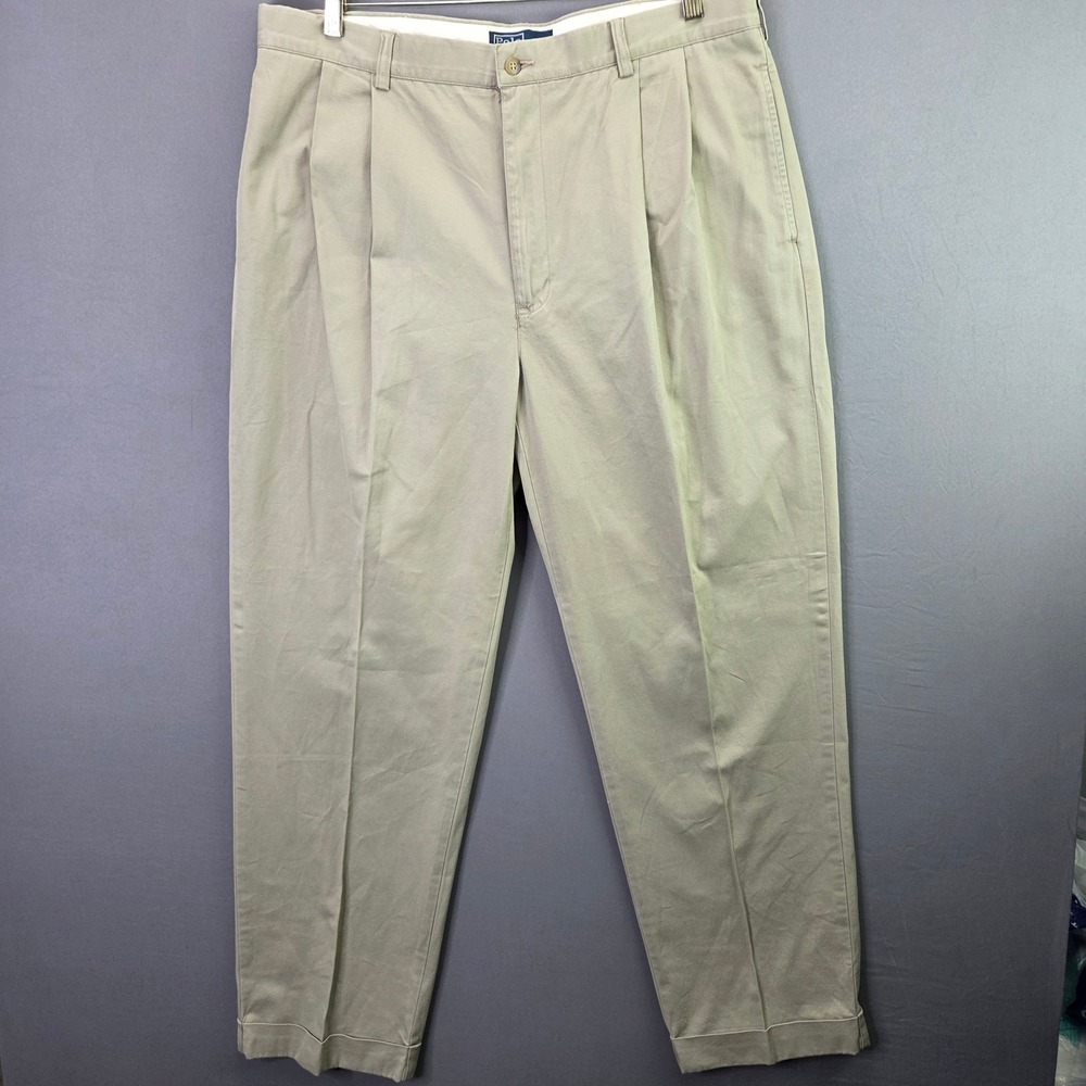 Polo Ralph Lauren Pleated Chino Pants 38/32 Tan Khaki Cuffed Vintage Cotton Mens